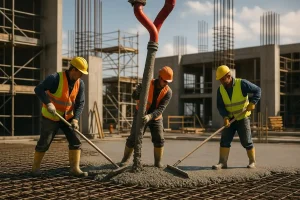 اجرای عملیات بتنریزی در کارگاه ساختمانی مدرن با استفاده از پمپ و تجهیزات مکانیزه.