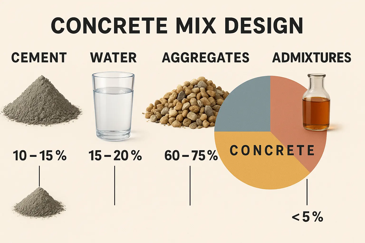 اینفوگرافیک آموزشی از اجزای طرح اختلاط بتن شامل سیمان، سنگدانه، آب و افزودنی‌ها.