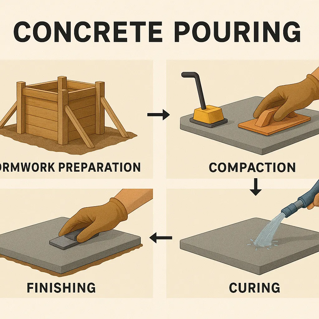 مراحل بتن‌ریزی از آماده‌سازی قالب تا تراکم و عمل‌آوری بتن در قالب یک نمودار گام‌به‌گام.