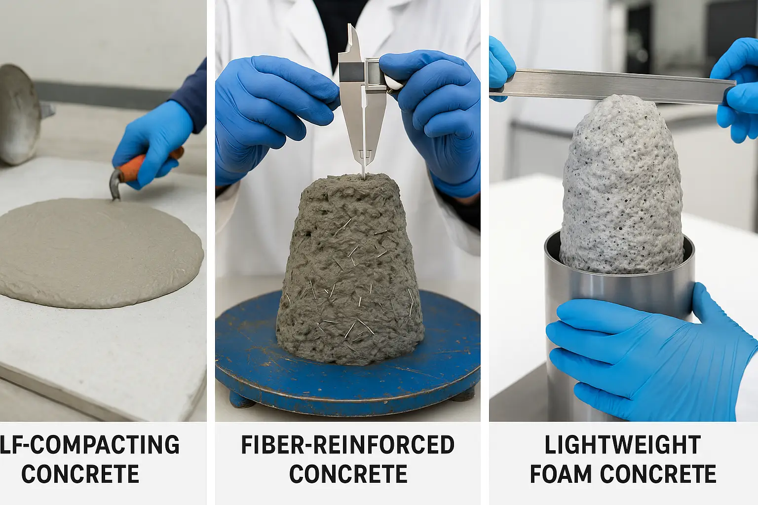 مجموعه تصاویر از بتن خودتراکم، بتن الیافی و فوم بتن در آزمایشگاه‌های مدرن.