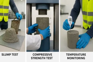 عملیات بتنریزی در کارگاه ساختمانی مدرن با پمپ بتن و کارگران در حال تراز کردن سطح بتن تازه.