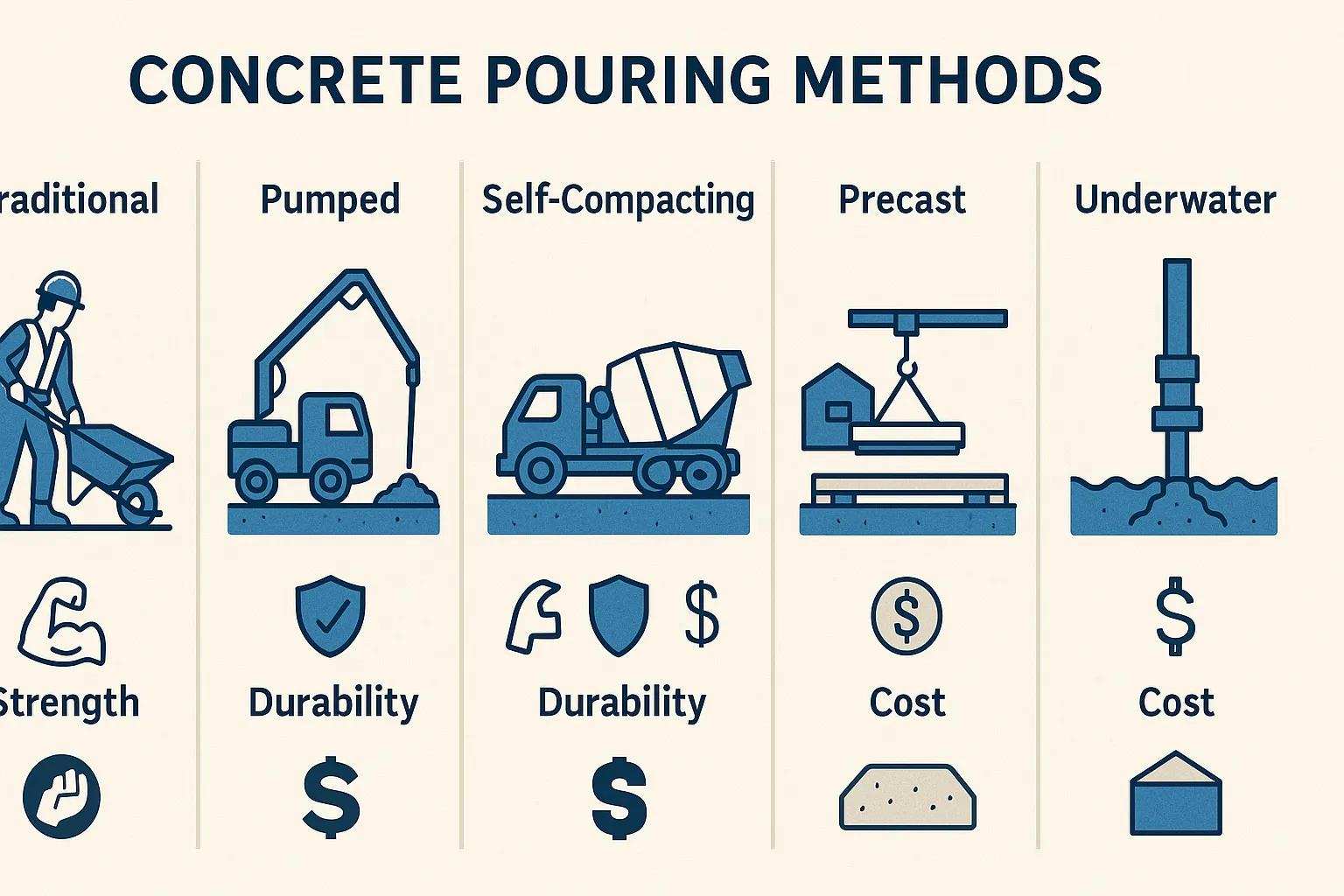 اینفوگرافیک مقایسه‌ای انواع بتن‌ریزی از نظر مقاومت، دوام و هزینه شامل روش‌های سنتی، پمپی، خودتراکم، پیش‌ساخته و زیر آب.