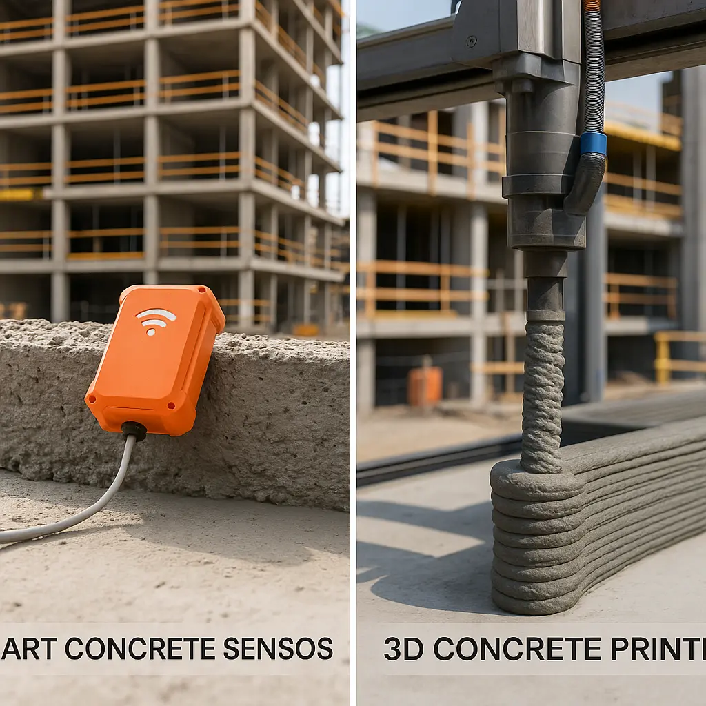 فناوری‌های نوین بتن شامل حسگرهای هوشمند و چاپ سه‌بعدی بتن در پروژه‌های عمرانی مدرن.